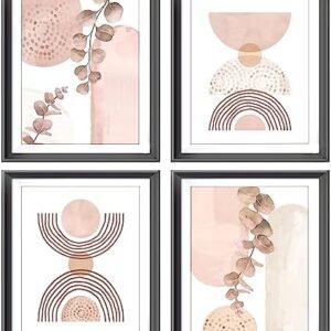 Abstract Boho Geometric Line Sun Moon Pink Eucalyptus Leaf Poster Prints for Home Living Room Girls Room Office Decor,Botanical Bohemian Decorations Prints Aesthetic Wall Art Unframed 4pcs (light red,