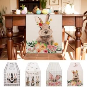 Aofmee Easter Table Runner, Bunny Flowers Easter Runner for Table, Spring Summer Seasonal Holiday Farmhouse Rustic Kitchen Dining Table Decorations for Indoor Outdoor Home Party Decor, Easy to Clean