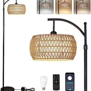 Arc Floor Lamp with Remote Control, Dimmable LED Floor Lamp with 3 Color Temperature, Black Standing Lamp with Rattan & Fabric Double Drum Shade, Boho Farmhouse Tall Pole Lamp for Living Room Bedroom