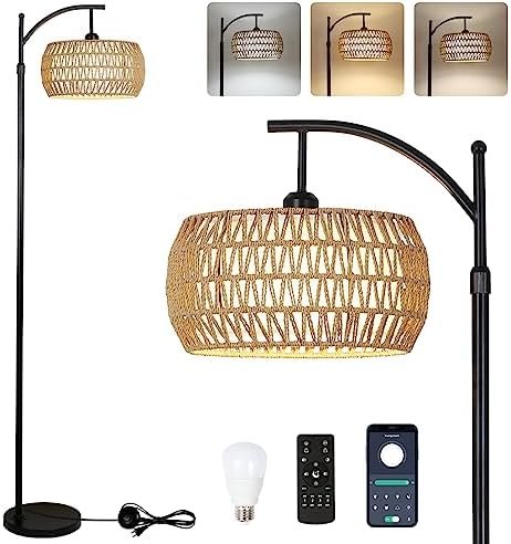 Arc Floor Lamp with Remote Control, Dimmable LED Floor Lamp with 3 Color Temperature, Black Standing Lamp with Rattan & Fabric Double Drum Shade, Boho Farmhouse Tall Pole Lamp for Living Room Bedroom