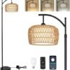 Arc Floor Lamp with Remote, Dimmable Rattan Floor Lamp with LED Bulb, Boho Farmhouse Tall Pole Lamp with Rattan & Fabric Shades, Modern Black Standing Lamps for Living Room Bedroom Nursery