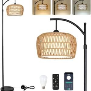 Arc Floor Lamp with Remote, Dimmable Rattan Floor Lamp with LED Bulb, Boho Farmhouse Tall Pole Lamp with Rattan & Fabric Shades, Modern Black Standing Lamps for Living Room Bedroom Nursery