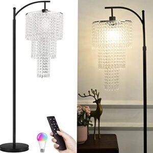 Arc Floor Lamps for Living Room Modern Crystal Floor Lamp with Remote Control,Dimmable LED Floor Lamp Crystal Lampshade Black Standing Lamp with 10 Color Temperature Tall Floor Lamp For Bedroom Corner