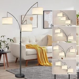 Arc Floor Lamps for Living Room,Modern Mid Century Tall Standing Floor Lamp with Heavy Base for Bedroom Office,3-Light Dimmable Floor Lamp with Adjustable Hanging Beige Shades and 3 LED Bulbs