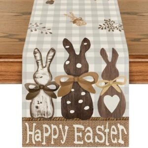 Artoid Mode Buffalo Plaid Wood Bunny Rabbits Happy Easter Table Runner, Seasonal Spring Kitchen Dining Table Decoration for Home Party Decor 13x72 Inch