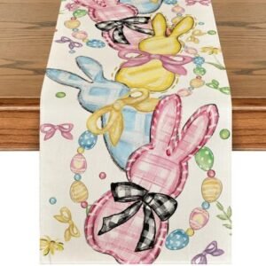 Artoid Mode Floral Bow Bunny Rabbits Eggs Easter Table Runner, Seasonal Spring Kitchen Dining Table Decoration for Home Party Decor 13x60 Inch