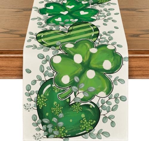 Artoid Mode Shamrock Eucalyptus Heart St. Patrick's Day Table Runner,Seasonal Spring Kitchen Dining Table Decoration for Home Party Decor 13x60 Inch