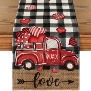 Artoid Mode Watercolor Buffalo Plaid Hearts Truck Love Valentine's Day Table Runner, Seasonal Anniversary Wedding Holiday Kitchen Dining Table Decoration for Indoor Outdoor Home Decor 13 x 120 Inch