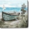 Bathroom Wall Art Coastal Décor Nautical Boat on Beach Canvas Picture Ocean Seagull Seascape Canvas Print Sea Bird Farmhouse Artwork for Seashore Bedroom Living Room Small Square Blue Teal 14x14"