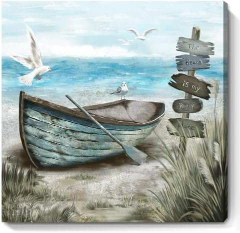 Bathroom Wall Art Coastal Décor Nautical Boat on Beach Canvas Picture Ocean Seagull Seascape Canvas Print Sea Bird Farmhouse Artwork for Seashore Bedroom Living Room Small Square Blue Teal 14x14"