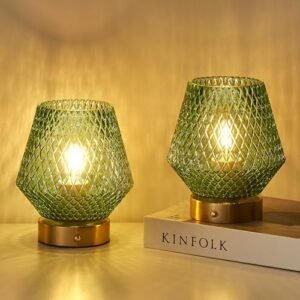 Battery Operated Table Lamp 2 Pack, 5000mAh Rechargeable Cordless Table Lamp,Stepless Dimming Battery Powered Lamp with LED Bulbs, Green Glass Decorative Lamp for Bedroom Living Room