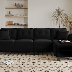 Belffin Black Velvet Sectional Couch L Shaped Sofa 4 Seat Sofa with Chaise Convertible L-Shaped Couches Reversible Sectional Sofa Black