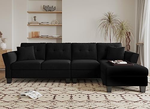 Belffin Black Velvet Sectional Couch L Shaped Sofa 4 Seat Sofa with Chaise Convertible L-Shaped Couches Reversible Sectional Sofa Black