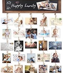 Bikoney Picture Frames Collage Photo Hanging Display Picture Board Wood Rustic Frames for Wall Decor and Dorm Room Decor with Blackboard and 30 Clips Carbonized Black