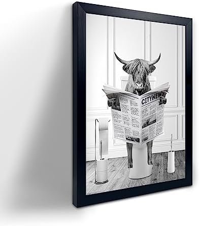 Black Framed Bathroom Decor,Funny Highland Cow Wall Art in Bathtub, Black and White Canvas Cow In Bathroom Picture, Humor Animals Bathroom Artwork Prints, Bedroom, Kids Bathroom Decor