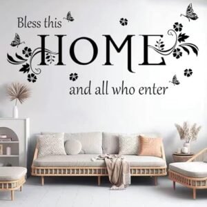 Black Vinyl Wall Sticker Wall Word Quotes Bless This Home and All who Enter Wall Decals Flowers Butterfly Wall Decor Sticker for Entryway Living Room Home Decor.