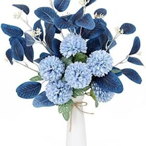 Blue Fake Flowers Bouquet Artificial Hydrangea Flowers Blue Chrysanthemum Silk Flowers for Fake Flower Arrangements Blue Decor Home Indoor Dining Table Decor (Without Vase, Dark Blue)