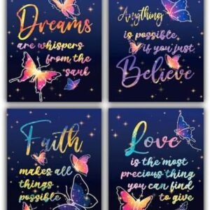 Blue Room Wall Decor, Butterfly Inspirational Quote Colorful Wall Art Posters, Religious Wall Art Decor Hope Faith Love Dreams Bible Verse Wall Art Print For Girls Bedroom Home Office Classroom Decor