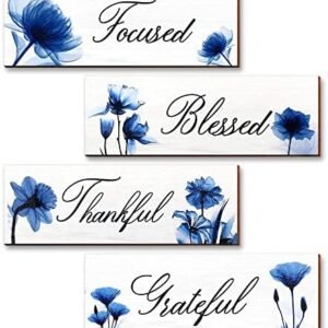 Blue Wall Decor for Living Room 4 Pieces - Focused Grateful Blessed Thankful Wood Signs, Flowers Art Decor Wooden Hanging Plaques, Floral Art Decorations for Home Kitchen