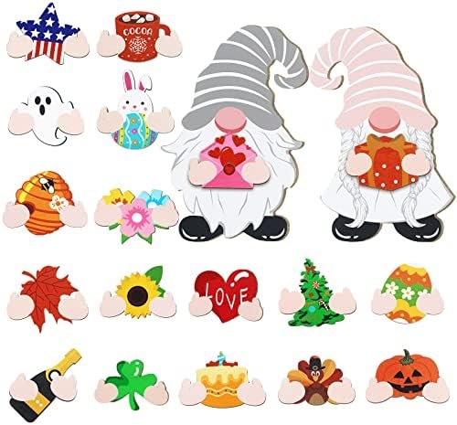 Blulu 20 Pieces Gnome Sign Christmas Wooden Interchangeable Seasonal Home Decor Holiday Gnome DIY Interchangeable Gnome Signs 2 Chunky Gnome Wood Cutout for Xmas Holiday Bedroom Home Decorations