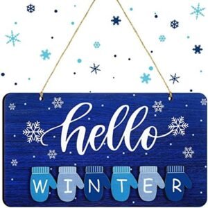 Blulu Hello Fall Winter Spring Summer Sign Rustic Wood Decor Farmhouse Wall Hanging Plaque Filleted Corner Wooden Sign for Home Bathroom Indoor Outdoor, 10 x 5.5 Inch(Blue and White, Glove Style)