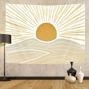 Boho Sun Wall Art Hanging Tapestry, Bohemian Mid Century Retro Abstraction Minimalism Art Style Decor Tapestries, Wall Tapestry for Bedroom Living Room Dorm, 80X60 Inch (Yellow)