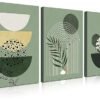 Boho Wall Art, Mid Century Modern Wall Art, Set of 3 Framed Canvas Wall Art Prints 12"x16" Abstract Geometric Neutral Sage Green Boho Artwork Wall Decor for Bedroom Living Room Bathroom