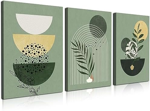 Boho Wall Art, Mid Century Modern Wall Art, Set of 3 Framed Canvas Wall Art Prints 12"x16" Abstract Geometric Neutral Sage Green Boho Artwork Wall Decor for Bedroom Living Room Bathroom