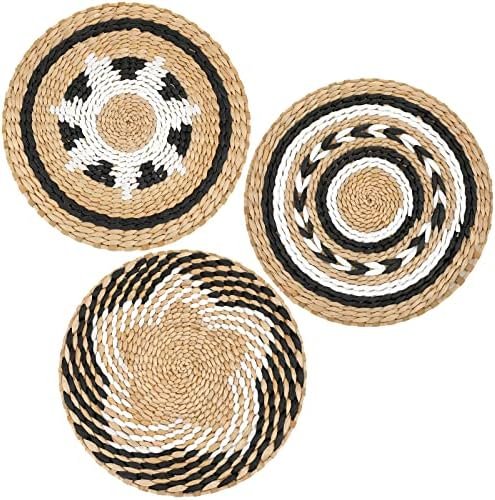 Boho Wall Basket Decor Set of 3 Decorative Bulrush Woven Basket Wall Decor Set Rustic Hanging Handmade Round Woven Wall Decor with African Design for Living Room Bedroom Farmhouse Gift Idea