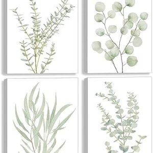 Botanical Plant Canvas Wall Art, Framed Boho Wall Decor for Bathroom, Minimalist Aesthetic Bedroom Wall Art, Sage Green Eucalyptus Leaf Prints for Office, Set of 4PCS, 8”X10”