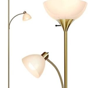 Brightech Sky Dome Plus LED Floor lamp, Torchiere Super Bright Floor Lamp with Reading Lamp for Living Rooms & Offices - Dimmable Tall Standing Lamp for Bedroom Reading - Gold Brass