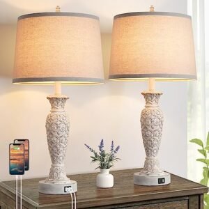 Brightever Resin Table Lamps Set of 2 with Dual USB Ports, 26-inch Tall, Vintage Farmhouse Style, Ideal for Living Room, Bedroom, Desk - No Bulbs Included