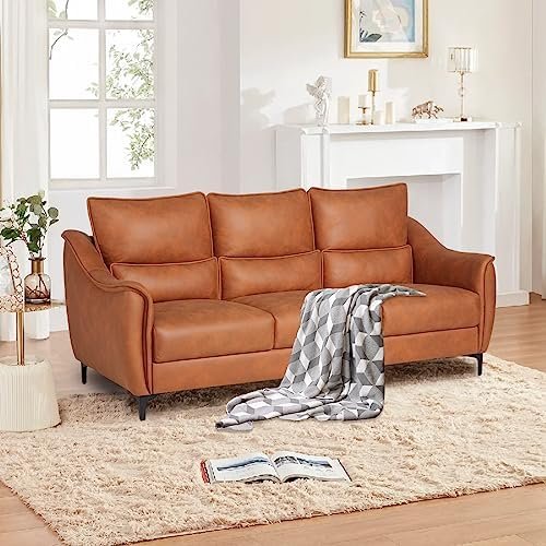 COLAMY Faux Leather Sofa Couch, Modern 3-Seater Couch for Living Room/Small Space/Bedroom, Comfy Couch with Solid Wooden Frame and Metal Legs, Brown