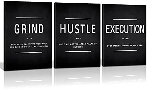 Canvas Painting Wall Art, Grind Hustle Execution Motivational Wall Art Decoration Posters Prints for Living Room Bedroom, Office Decor, Gallery-Wrapped Canvas Art Set Framed Ready to Hang