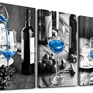 Canvas Wall Art For Kitchen Wall Decor For Dining Room Black And White Wine Glasses Painting Modern Blue Wine Canvas Art Prints Ready To Hang Pictures For Restaurant Home Decorations 12"X16" 3 Pieces