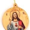 Catholic Christmas Ornaments - Jesus Christ Sacred Heart Round Icon Olive Wood Ornaments from The Holy Land - 2.5" Small Wooden Christmas Ornaments for Tree Decorations & Seasonal Decor