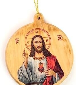 Catholic Christmas Ornaments - Jesus Christ Sacred Heart Round Icon Olive Wood Ornaments from The Holy Land - 2.5" Small Wooden Christmas Ornaments for Tree Decorations & Seasonal Decor