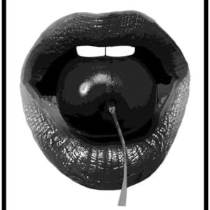 Cherry Poster - Retro Lips Print - Black & White Art - Funky Art - Preppy Art - Trendy Art - Modern Art - Chic Boho Art - Great Living Room or Dorm Wall Decor - 16x20 UNFRAMED Wall Art