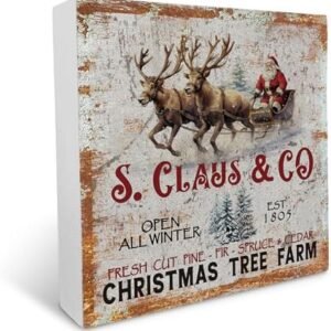 Christmas Deer Winter Snow Decor Wood Box Sign,Christmas Tree Farm Farmhouse Seasonal Decoration Decor,Father Christmas Retro Vintage Home Table Shelf Wooden Block Plaque Desk Decor 5x5 Inch