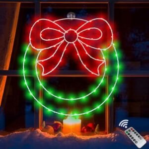 Christmas Wreath Window Lights Decorations, 13.5IN 80LEDs Christmas Wreath Lights with Bow, Timer Remote Control USB Powered Window Silhouette Lights for Door Home Wall Winter Xmas Party Decor