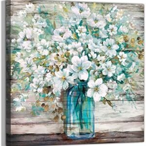 Country Style Canvas Wall Art Teal Blue Mason Bottle White Flower Rustic Wall Decor Art Hanging in The Bedroom Bathroom Living Room Dining Room Office Fireplace Kitchen Murals Decor(14x14)