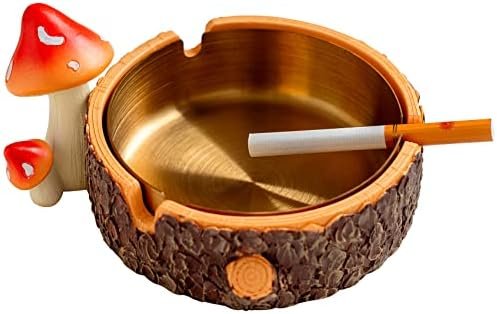 Cute Mushroom Ashtray with Stainless Steel Tray for Cigarette, Natural Resin Ash Tray for Indoor or Outdoor use, Ash Holder for Home and Garden Decor (Medium)