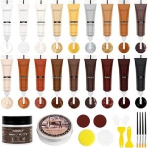 DEWEL Wood Furniture Repair Kit, 18 Colors Wood Filler, Wood Putty & Wood Polish Wax Restore Wood Scratches, Cracks, Holes, Cabinet, Table