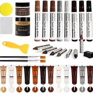 DEWEL Wood Furniture Repair Kit, New Upgrade Wood Fillers, Furniture Touch Up Markers, Wax Sticks, Wood Putty with Beeswax for Cracks, Wood Hole, Scratches, Floor, Table, Door