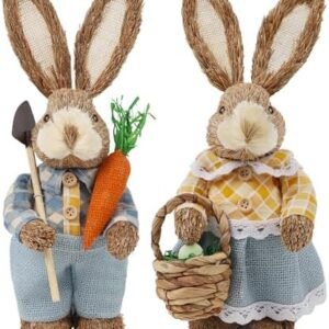 DR.DUDU Set of 2 Easter Decorations 13" Bunny Figurines Tabletop Spring Decor, Rustic Straw Bunny Couple with Carrot, Sisal Rabbit Statues Ornaments for Table Home Office Kitchen Farmhouse