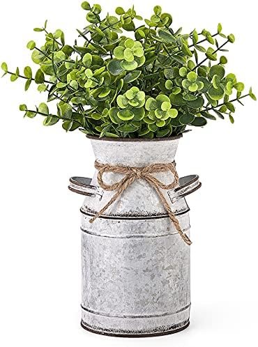 Dahey Metal Flower Vase with Artificial Eucalyptus Rustic Shabby Chic Milk Can Farmhouse Decor Galvanized Jug Planter Fake Plants in Decorative Tin Vase for Table Centerpieces Bedroom Kitchen Decor