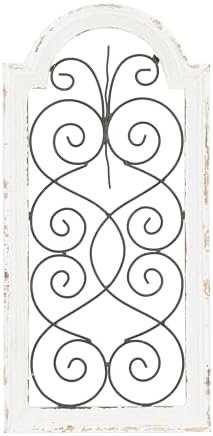 Deco 79 Wood Scroll Home Wall Decor Arched Window Inspired Wall Sculpture with Metal Scrollwork Relief, Wall Art 10" x 1" x 20", White