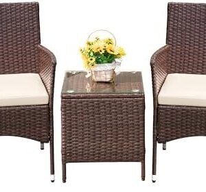 Devoko Patio Porch Furniture Sets 3 Pieces PE Rattan Wicker Chairs with Table Outdoor Garden Furniture Sets (Brown/Beige)