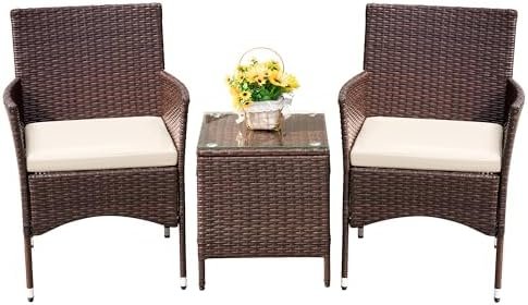 Devoko Patio Porch Furniture Sets 3 Pieces PE Rattan Wicker Chairs with Table Outdoor Garden Furniture Sets (Brown/Beige)