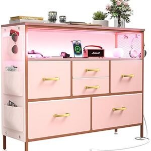 Dresser for Bedroom with Charging Station & LED Light, 6 Drawers Dresser with Side Pockets & Hooks, TV Stand Dresser with Shelves for 45" TV, Fabric Chest of Drawers with Leather Finish, Pink